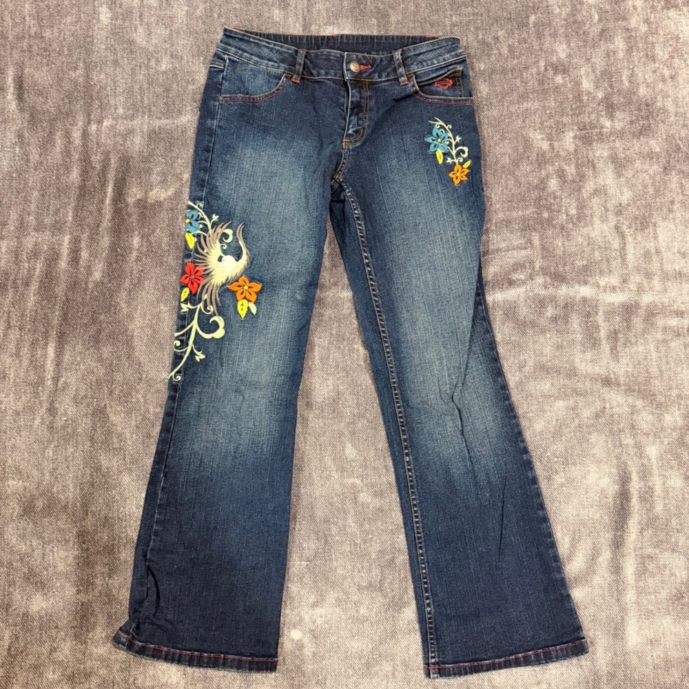 Harley Davidson Embroidered Flare Jeans Womens 6 Petite Blue Floral Phoenix